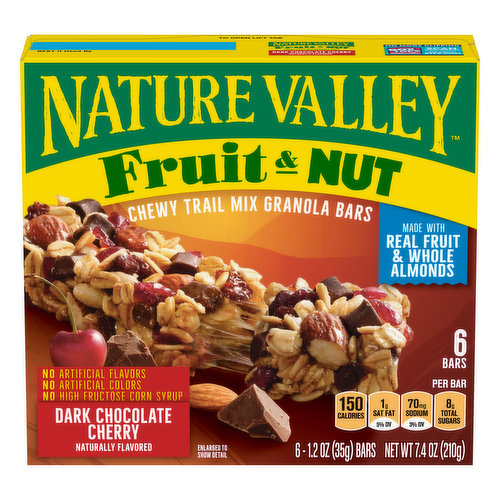 Naturally flavored. No artificial flavors. Per Bar: 150 calories; 1 g sat fat 5%(DV); 70 mg sodium 3%(DV); 8 g Total sugars. Contains Bioengineered food ingredients. Learn more at ask.generalmills.com. Made with real fruit & whole almonds. Fruit & nut. When we get outside, something amazing happens. You can feel it. It can make us feel more energized, helps manage stress, and strengthen our families. We think the world could use a little more of that. We are better outside. No artificial colors. No high fructose corn syrup. www.naturevalley.com/nature. how2recycle.info. generalmills.com Tell us what you think? Share it on Twitter. Instagram. To learn more see www.naturevalley.com/nature. General mills: We welcome your questions and comments. generalmills.com, 1-800-231-0308. No more clipping. Box tops for education. Scan your receipt see how at Btfe.com. 100% Recycled Paperboard. Carbohydrate choices: 1-1/2.