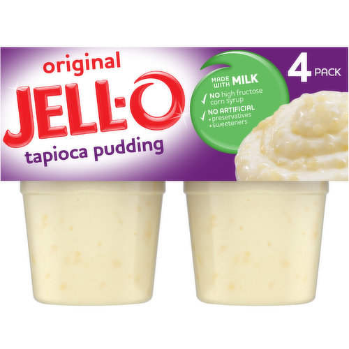 Jell-O Ready to Eat Tapioca Pudding is a delicious on the go pudding. This sinfully satisfying tapioca pudding comes in individual snack cups, perfect for packing in a lunchbox or snacking at home. They make a scrumptious snack for kids and adults alike. The ready-to-eat pudding is made with milk and contains 110 calories per serving. The tapioca pudding cups are made without high fructose corn syrup and contain no artificial preservatives or sweeteners. Each sleeve contains four Jell-O Ready to Eat Tapioca Pudding cups for quick and easy snacking. Each pudding cup is individually sealed to ensure freshness.