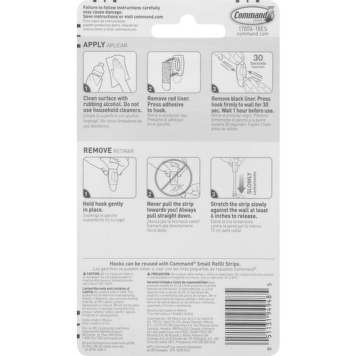 Command Small Refill Adhesive Strips for Wall Hooks, White, Damage