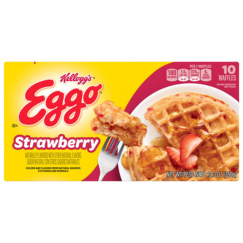 Naturally flavored with other natural flavors. Colors and flavors from natural sources. Per 2 Waffles: 180 Calories: 1.5 g Sat Fat (8% DV); 370 mg Sodium (16% DV): 6 g Total Sugars. 9 vitamins and minerals. We make our waffles like you do at home. Classic mixtures, a hot griddle, and a lotta love: crispy on the outside & fluffy on the inside. How to Eggo (It's super easy). how2recycle.info. kelloggs.com. Facebook: Facebook.com/Eggo. Questions or comments? Visit kelloggs.com. Call 1-800-962-1413. Provide production code on package. Kellogg's Family Rewards: Collect points. Earn rewards. Two easy ways to collect points! Go to KFR.com to learn more. Want more from-the-griddle good taste? Try pancakes! 100% recycled paperboard.