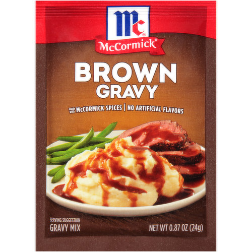 Enjoy a savory addition to your homemade meals with McCormick Brown Gravy Mix. It's made with McCormick spices and no artificial flavors or added MSG*, so you know that you are serving your family gathering the very best. Our gravy mix is the perfect choice for holiday roast or everyday meals. It makes 1 cup of deliciously smooth brown gravy in less than 5 minutes. Simply stir 1 pkg. of the mix and 1 cup water in a saucepan, bring to a boil and simmer for 1 minute. Serve on side dishes like mashed potatoes, stuffing and noodles or enhance the main course by drizzling it over roast beef, roast goose, meatloaf or hot meat sandwiches. Our brown gravy mix also makes a great meal starter for pot roasts, casseroles and beef stew. *Except those naturally occurring glutamates.