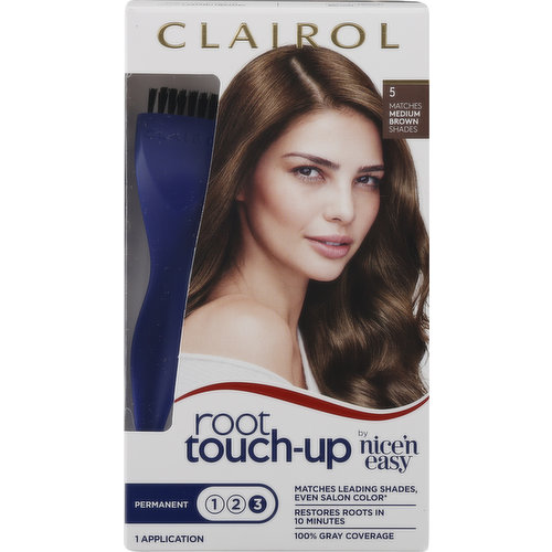 5 matches medium brown shades. 5 Matches shades. Matches leading shades, even salon color (among leading retail permanent shades and pre-formulated salon color). Restores roots in 10 minutes. 100% gray coverage. 10 min. Extend the life of your color in between salon visits or at home coloring. 100% gray coverage in to minutes. Seamlessly blends roots. Our ColorMatch Cream seamlessly blends roots with your lengths for flawless, even color from root to tip. It is specially formulated to match leading shades (among leading retail permanent shades and pre-formulated salon color), even salon color. Perfect for: Targeting new roots and grays. Covering high amounts of gray. The most shade choices (vs. other retail root products). Before. After. Looking for a temporary quick fix? Try Root Touch-up concealing powder or root touch-up color refreshing spray. Permanent Root Color: Matches leading medium brown shades (among leading retail permanent shades and pre-formulated salon color). Including: Preference. 5 medium brown. 4SM Dark soft mahogany brown. Excellence: 5 medium brown. Nutrisse: 50 medium natural brown. Nice 'N Easy: 5 medium brown. Clairol Age defy 5 medium brown. Feria 50 medium brown. Olia 5.5 medium brown. Even marches salon color (among leading retail permanent shades and pre-formulated salon color). This Kit Contains: 1. Permanent color cream. 2. color activating lotion. 3. Brush and bowl. Guaranteed (Satisfaction guaranteed or your money back. Call 1-800-CLAIROL (1-800-252-4765) within 60 days of purchase with UPC and dated cash receipt. Limit one offer per household). For more guidance on shade matching go to www.Clairol.com. www.Clairol.com. Questions? Call the Expert Color Consultants at 1-800-CLAIROL (1-800-252-4765), visit www.Clairol.com. or search for Clairol on Facebook messenger to chat with us! Looking for a quick fix on the go? Try Root Touch-Up concealing powder. Made in Mexico.