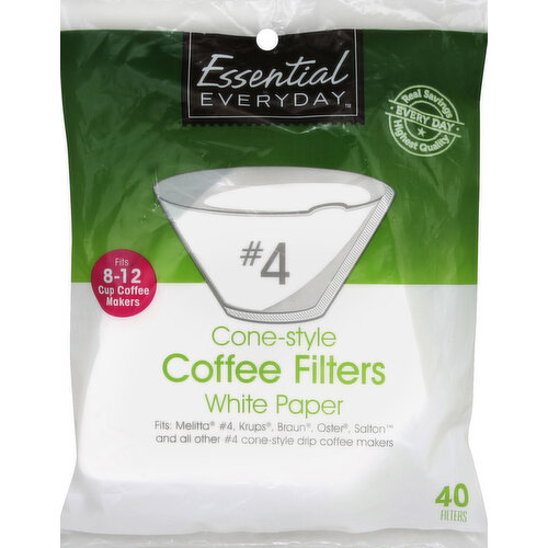 Fits 8-12 cup coffee makers. Fits Melitta No. 4, Krups, Braun, Oster, Salton and all other No. 4 cone-style drip coffee makers. Great products at a price you'll love - that's Essential Everyday. Our goal is to provide the products your family wants, at a substantial savings versus comparable brands. We're so confident that you'll love Essential Everyday, we stand behind our products with a 100% satisfaction guarantee. Essential Everyday coffee filters virtually eliminate unwanted sediments and coffee oils. Product of USA.