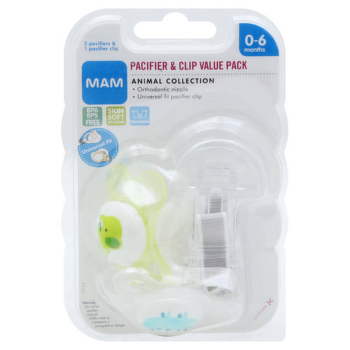 Mam Pacifier & Clip, Animal Collection, Value Pack