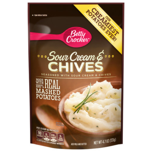 Made with 100% real mashed potatoes seasoned with sour cream and chives. Its creamy and delicious as is, or add your own twist. These 100% American Grown Potatoes make a perfect side dish for your family meal.