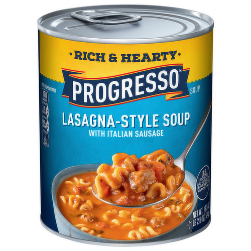 Satisfy any lasagna craving without hours of cooking with Progresso Rich & Hearty Lasagna-Style Soup with Italian Sausage. This Italian-flavored tomato broth with noodles and sausage is perfect for moments when you're craving a rich and satisfying soup. Each delicious bite is filled with real Italian sausage and no artificial flavors or colors. Serve this lasagna soup in less than five minutes, either on its own or with crusty garlic bread for a quick and comforting meal.