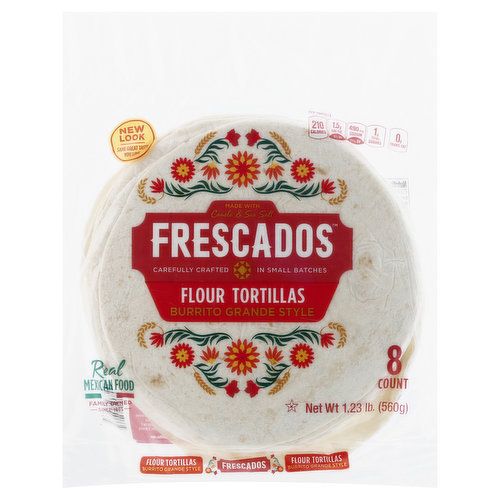 Per Tortilla: 210 calories; 1.5 g sat fat (8% DV); 490 mg sodium (21% DV); 1 g total sugars. 0 g trans fat. New look. Same great taste you love. Made with canola & sea salt. Carefully crafted. In small batches. Real Mexican food. Family owned since 1985. Tortillas from our family to yours. Growing up in a large family, everyday meals were special when we gathered around the table - and homemade tortillas were a staple. Today my family is proud to share our heritage of authentic tortillas to families across the Midwest. Carefully crafted in small batches from the heartland's finest ingredients, we hope Frescados will inspire your family to share in the fun and flavorful celebration of Mexican food. Frescados tortillas make every meal worth smiling about. - Cathy Cruz Gooch, Founder. frescadostortillas.com. Facebook. Instagram. Pinterest. Made in the USA.