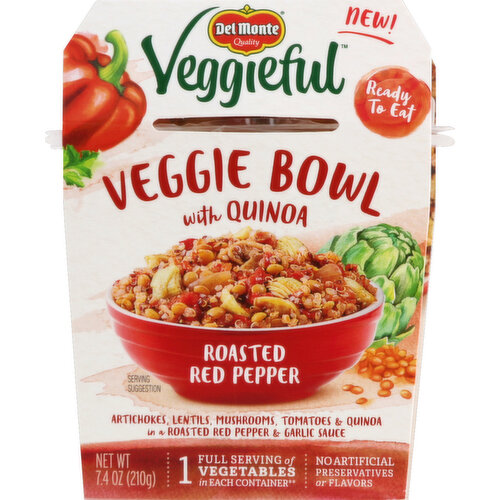 Artichokes, lentils, mushrooms, tomatoes & quinoa in a roasted red pepper & garlic sauce. Contains 7 g total fat per serving. Good source of fiber. Non GMO (Corn and other ingredients used in this product are not genetically modified or bioengineered). New! Ready to eat. 1 Full serving of vegetables in each container (1 container equals 1/2 cup of vegetables per USDA database). No artificial preservatives or flavors. Non BPA (Packaging produced without the intentional addition of BPA). See instructions inside. Sauce, quinoa and artichokes product of Peru; lentils product of Canada and USA; mushrooms product of China.