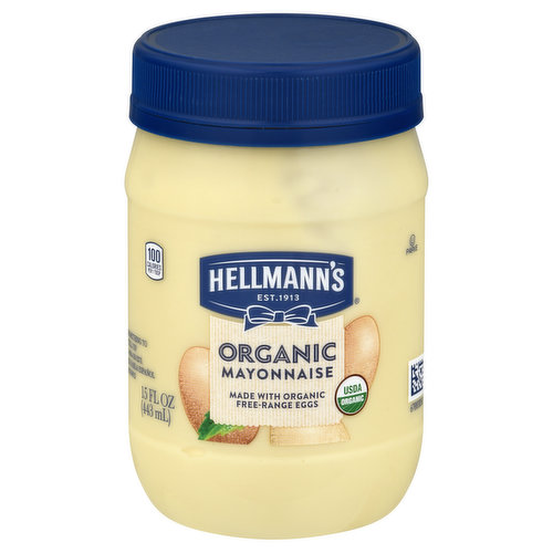 Made with organic free-range eggs. No artificial flavors. 100 calories per 1 tbsp.  USDA Organic. Certified Organic by QAI. Gluten free. Est. 1913. Enjoy the delicious taste of Hellman's Organic and feel good about serving it to your family. Richard Hellmann, A deliciously pure and creamy mayonnaise made with organic free expeller-pressed oil & no artificial flavors or preservatives. Known as best food West of the Rockies. how2recycle.info.  Something to tell us? 1-800-418-3275. Committed to 100% recycled jars by 2020.