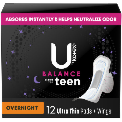 U By Kotex Balance Thin Feminine Pads with Wings, Overnight, Unscented