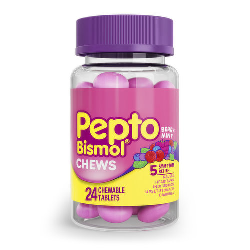 Pepto-Bismol Multi-Symptom Pepto Bismol Chews, Fast 5 Symptom Relief, Berry Mint Flavor, 24 ct