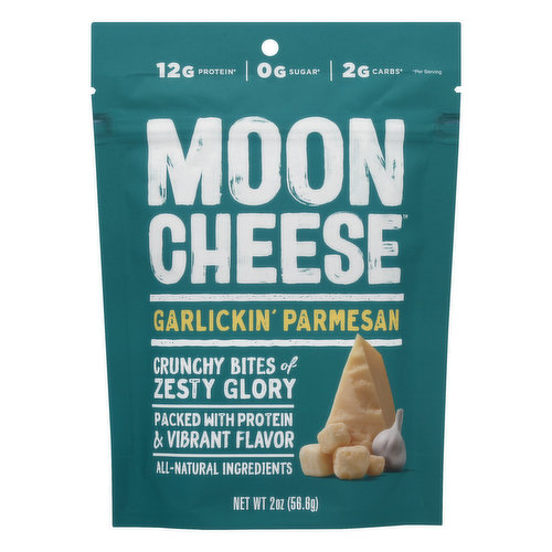 12 g protein (per serving). 0 g sugar (per serving). 2 g carbs (per serving). 35% DV calcium (per serving). Gluten-free. Beyond Celiac Gluten-Free: Gluten-free certification program. www.gf-cert.org (Trademark of the National Foundation for Celiac Awareness. Used under license). Crunchy bites of zesty glory. Packed with protein & vibrant flavor. All-natural ingredients. It'll start with a rich wave of parmesan and subtle kick of garlic. Then these crunchy cheese bites will curl around your taste buds, consuming you with delicious flavor. mooncheese.com. Contact: info(at)mooncheese.com.