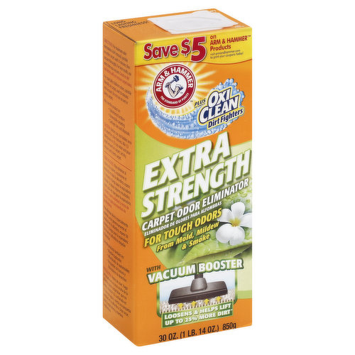 For tough odors. From mold, mildew & smoke. With vacuum booster. Save 5 dollars on Arm & Hammer Products visit armandhammer.com to print your coupons today! The standard of purity. Plus the power of Oxi Clean Dirt Fighters. Loosens & helps lift up to 25% more dirt (loosen and help your vacuum lift up to 25% more dirt than vacuuming alone). Long lasting freshness! The secret inside. Arm & Hammer Baking Soda is the original cleaning and freshening secret, and has been for generations. Today, Arm & Hammer plus OxiClean Dirt Fighters uses the power of Baking Soda to neutralize even the toughest odors deep within carpets. Discover countless Baking Soda uses for under 1 dollar at www.armandhammersolutions.com. We have added the power of OxiClean Dirt Fighters to permanently eliminate odors plus loosen and help your vacuum lift up to 25% more dirt than vacuuming alone, leaving behind a pleasant fragrance for long-lasting freshness. Absorbs and eliminates odors from smoke, mold and mildew. Does not remove carpet stains. www.armandhammer.com. If you have questions or comments about this product call us toll-free at: 1-800-524-1328, 9 AM - 5 PM ET, www.churchdwight.com. Carton made from 100% recycled paperboard. Minimum 35% post-consumer content. Power eliminates odors & helps remove dirt - Lasting fragrance stays behind! This burst of floral delight will rid your home of even the strongest odors. The herbal freshness combined with hints of jasmine and citrus uses fragrances inspired by nature to absorb and eliminate the toughest smells.