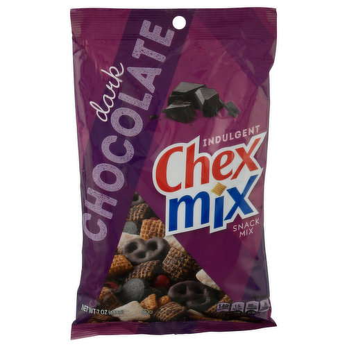 Per 1/2 Cup: 140 calories; 1.5 g sat fat (7% DV); 80 mg sodium (4% DV); 8 g total sugars. 55% Less fat than regular potato chips (Chex Mix dark chocolate (4.5 g fat per 30 g serving) has 55% less fat than regular potato chips (10 g fat per 30 g serving). Contains bioengineered food ingredients. Learn more at ask.generalmills.com. Just the Right Mix: Corn chex; candy coated dark chocolate; dark chocolate wafer; cocoa chex; yogurt chex; chocolatey pretzel. Mix it up! May have settled some on its way to you. www.generalmills.com. how2recycle.info. Facebook. Instagram. Twitter. Box Tops for Education: No more clipping. Scan your receipt. See how at BTFE.com. Carbohydrate Choices: 1-1/2.