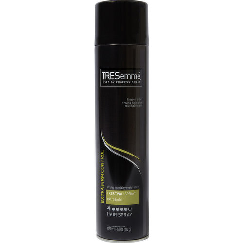 Used by professionals. Larger size! Strong hold with touchable feel. All day humidity resistance. Professional quality. Our Philosophy: From our origins in salons in 1948. Tresemme has been driven by a simple truth: every woman deserves to look & feel fabulous, like they've just stepped out of the salon Tresemme is dedicated to creating haircare products that are salon quality. Inspired by stylists and tested in salons the products are designed to help you achieve salon gorgeous hair every day. Tresemme. Professional. At your fingertips. Why use Tres two extra hold hair spray? This product will hold your style and make you feel in control of your hair all day long. America's No. 1 hairspray helps defend against frizz and flyaways with 24 hour humidity resistance. This water-free formula will give your hair the perfect amount of hold without the stickiness for that just-left-the-salon look. www.tresemme.com. how2recycle.info. For more salon secrets from our stylists go to tresemme.com. Questions? Comments? Contact us at 1-888-497-7054 or at www.tresemme.com.
