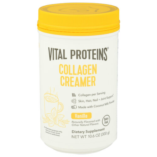 Skin, hair, nail + joint support. Feel Good About Your Creamer: Our collagen creamer gives a delicious boost of collagen and flavor to any cup of hot coffee or hot tea. Easily mixing in hot liquids, and with no refrigeration needed, this creamer can be enjoyed at home or on-the-go. Packed with energy-boosting MCT fats from coconut milk powder, our collagen creamer is dairy free with no artificial flavors or sweeteners. Youthful appearance. Healthy joints & bones. Skin, hair & nail support. Skin elasticity. Packaged by weight, not volume. Settling may occur.