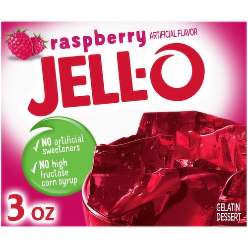 Jell-O Raspberry Instant Gelatin Mix is an easy to make raspberry flavored dessert. Perfect for cooling off on a hot day, this mouthwatering treat delivers the classic refreshingly sweet raspberry taste you know and love. With no artificial sweeteners and no high fructose corn syrup and fat free, this dessert is one you can feel good about sharing with your family. This 3 ounce package makes four 1/2-cup servings so you can prepare enough for the whole family. It's easy to make a tasty dessert for kids or adults Simply mix the gelatin with boiling water, stir in cold water, and refrigerate until set.