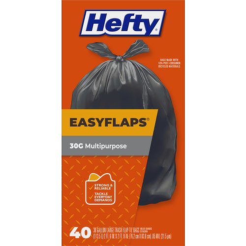 Hefty EasyFlaps Trash Bags, Flap-Tie, Multipurpose, 30 Gallon, Large - 40 bags