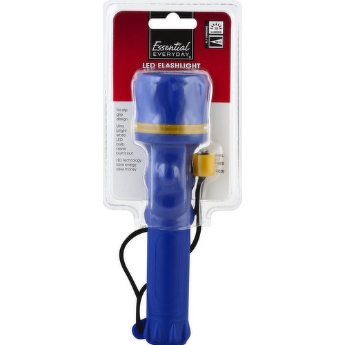 FL1 Standard: 10 lumens; 50 m. No slip grip design. Ultra bright white LED bulb never burns out. LED technology. Save energy, save money. Requires 2 AA batteries (not included). essentialeveryday.com. Made in China.