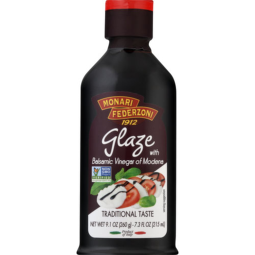 7.3 fl oz (215 ml) Gluten free. Non GMO Project verified. Nongmoproject.org. 1912. Traditional taste. A delicious ready to use Glaze with Balsamic Vinegar of Modena, packed in a very handy squeeze bottle. www.monarifederzoni.com. Please recycle. Product of Italy.