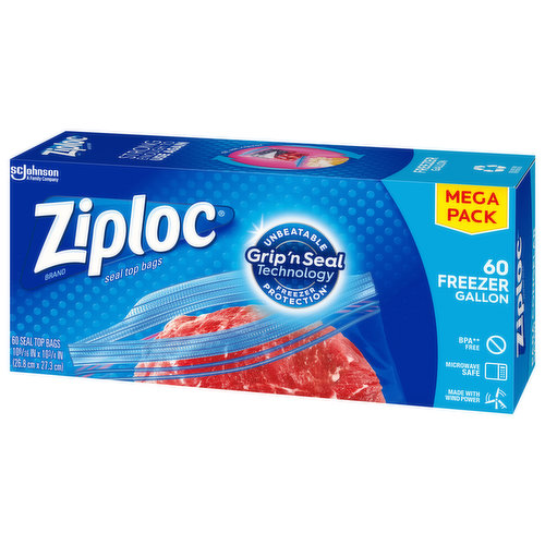 Ziploc Brand Freezer Bags with Grip 'n Seal Technology, Gallon, 60 Count