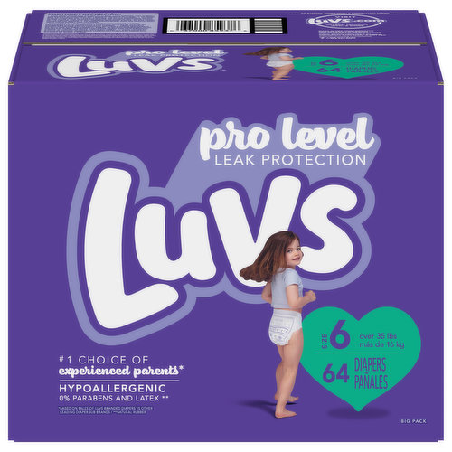 Get Pro Level Leak Protection with Luvs. Designed with Triple Leakguards that help stop leaks before they happen. They also feature a Wetness Indicator that turns blue when wet. When it comes to bedtime, Luvs Nightlock Technology works to lock away wetness so your baby can dream on. For complete comfort, Luvs diapers are super soft on your baby’s skin with a comfy feel, plus they’re designed with larger, refastenable tabs for a secure fit. So try ’em and luv ’em, and if you don’t, Luvs offers a money-back guarantee.**If you’re not completely satisfied, please send the original receipt and UPC to us within 45 days of purchase for a full product refund via prepaid card. Limited to one redemption per household or name. For additional details, please call 1-888-665-3257.