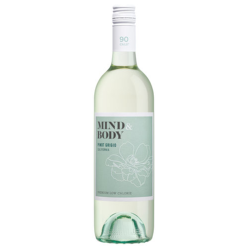 90 cals (Serving Facts: Serv. size: 5 fl oz (148ml), Servings per container: 5, Amount per serving: Alcohol by volume: 8.5%; Calories: 90; Carbohydrates: 5.08 g; Fat: 0 g; Protein: <1.0 g). Gluten-free, vegan and made with no added sugar. Premium low calorie. Sourced from premier California vineyards, Mind & Body Pinot Grigio is gluten-free, vegan and made with no added sugar. Enjoy life to the fullest! mindandbodywines.com. Alc. 8.5% by vol. 17 Vinted and bottled by Mind & Body Wine Co. Napa and Lodi, CA.