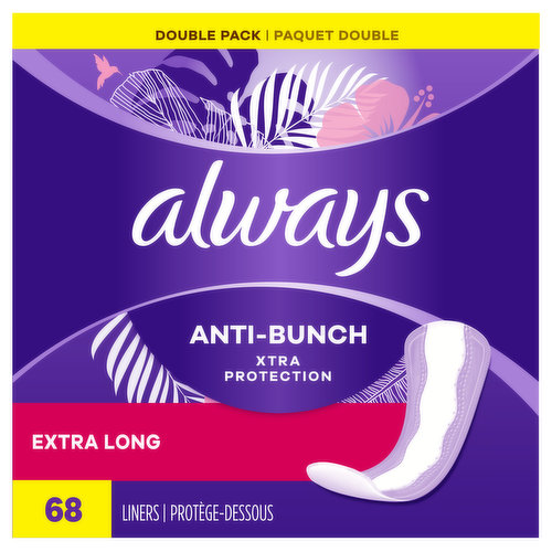 Always Daily Liners Anti-Bunch Xtra Protection Daily Liners Exra Long Absorbency Unscented, 68 Count