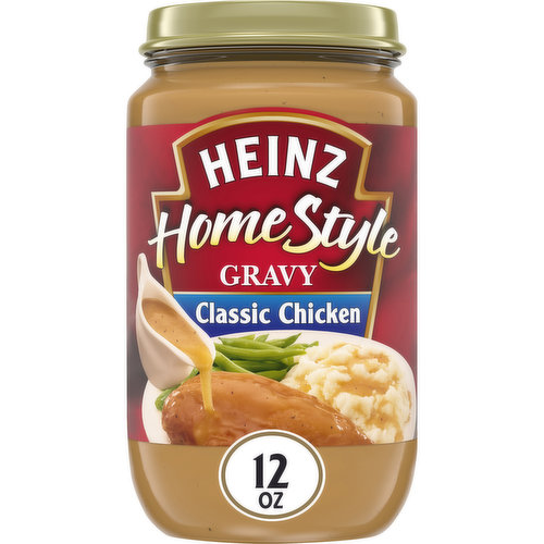 Heinz HomeStyle Classic Chicken Gravy enhances your family's favorite meals with classic chicken flavor. This tasty gravy is made with real ingredients, including chicken stock, to deliver the smooth texture and tangy taste you love. This chicken gravy contains no preservatives. Use this homestyle gravy to make any meat and potatoes family dinner more enjoyable. Pour this delicious gravy over mashed potatoes, serve it alongside roast chicken, pour it over fried pork chops or add some extra flavor to chicken fried steak. Simply microwave the gravy in a microwave-safe container for about 3 minutes for easy heating. Refrigerate each 12 ounce jar after opening.
