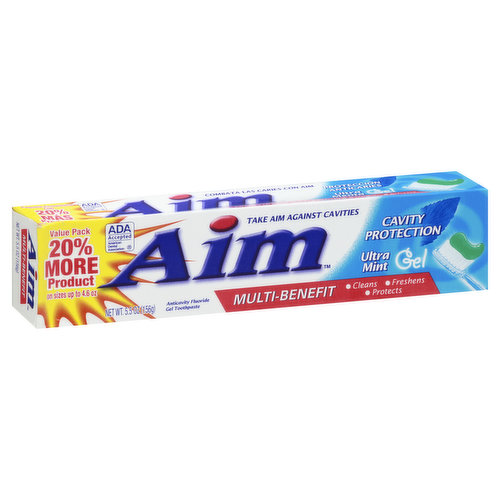 20% more product on sizes up to 4.6 oz. Take aim against cavities. Cavity protection. Multi-Benefit: Cleans. Freshens. Protects. Strengthens enamel. The great-tasting toothpaste that provides cavity protection & strengthens enamel. ADA accepted. American Dental Association. The ADA Council on scientific affairs acceptance of aim cavity protection toothpaste is based on its finding that the product is effective in helping to prevent and reduce tooth decay, when used as directed. Questions or comments? 1-800-786-5135. Monday-Friday 9 am-5 pm ET. Made in the U.S.A. with U.S. & Foreign Ingredients.