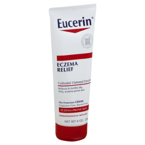 Other Information: For mild to moderate eczema. Store below 86 degrees F (30 degrees C). Misc: Eczema prone skin. Colloidal oatmeal enriched. Dermatologist recommended. Eucerin since 1900. Relieves & fortifies dry, itchy, eczema-prone skin. Fragrance free, steroid free. Eczema-prone skin. Dermatological skincare. Eucerin skin science that shows. For over 100 years, Eucerin has led skin science innovation with an uncompromising commitment to quality. Today, our products are respected and recommended by dermatologists. Trust Eucerin to give you and your family the feeling of confidence that comes from radiant, healthy-looking skin. Eczema Relief Creme offers a clinically proven moisturizing formula that relieves and fortifies dry, itchy, eczema-prone skin. Colloidal Oatmeal enriched to relieve dry, itchy, eczema-prone skin. Cermide-3 enriched, helps soothe red, irritated skin. Appropriate for adults, children and babies 3 months and older; gentle enough for everyday use. Non-greasy. Dermatologist recommended brand. Delivers 24 hour hydration. Fragrance, dye and steroid-free. Learn more at www.EucerinUS.com. Made in Mexico.