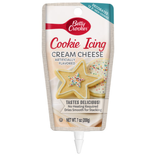 Decorates 12 2-inch cookies. Artificially flavored. Gluten free. Decorates 12 2-inch cookies. Taste delicious! No heating required. Dries smooth for stacking. Betty Crocker cookie icing makes it easy to create beautifully decorated cookies in minutes! Consumer Inquiries: 1-877-726-8793. Made in USA.