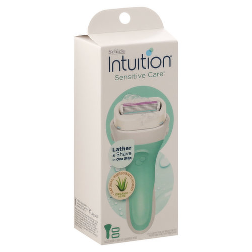 Lather & shave in one step. Natural ingredients added. Organic aloe. Moisturized during shaving. Schick Intuition is made with natural fragrances and ingredients including organic aloe. No need for shave gel. Organic aloe. Dermatologist tested. Vegan skin moisturizing solid.