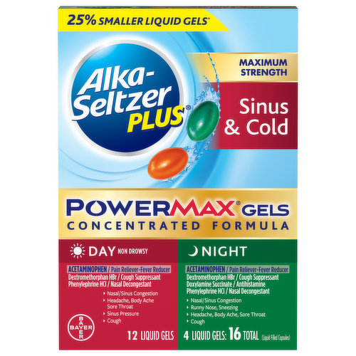Sinus & Cold Day Other Information: Store at room temperature. Avoid temperatures above 40 degrees C (104 degrees F). Sinus & Cold Night Other Information: Store at room temperature. Avoid excessive heat above 40 degrees C (104 degrees C). 25% smaller liquid gels (compared to original Alka-Seltzer Plus Liquid Gels). Concentrated formula. Acetaminophen/pain reliever-fever reducer. Dextromethorphan HBr/cough suppressant. Phenylephrine HCI/nasal decongestant. For Fast Relief of: Nasal/sinus congestion; headache, body ache, sore throat; sinus pressure; cough. Maximum strength per 4 hour dose. Does not contain aspirin. 1-800-986-0369 (Mon-Fri 9AM - 5PM EST). Parents: Learn about teen medicine abuse. www.StopMedicineAbuse.org. Product of Spain.