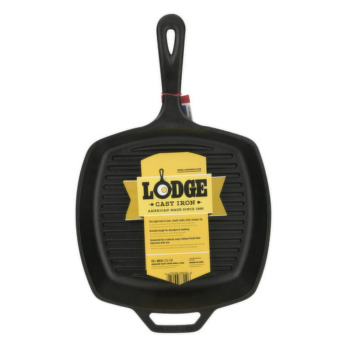 10-1/2 inch / 26 cm square cast iron grill pan. American made since 1896. The right tool to sear, saute, bake broil, braise, fry. Brutally tough for decades of cooking. Seasoned for a natural, easy-release finish that improves with use. Let's get cooking. Easy: Hand wash, dry, rub with cooking oil. Unparalleled in heat retention and even heating. At home in the oven, on the stove, on the grill or over the campfire. Electric. Gas. Glass. Induction. Oven. Campfire. 100 Years & Still Cooking: Since 1896, the Lodge family has been casting premium iron cookware at our Tennessee foundry. As the sole American manufacturer of cast iron cookware we are proud to carry on the legacy started by our great grandfather Joseph Lodge. We don't just make cast iron; we make heirlooms that bring people together for generations. www.lodgemfg.com. facebook.com/lodgecastiron. Made in the USA.