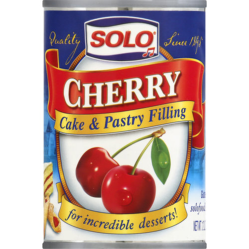Cake & pastry filling for incredible desserts! Gluten-free. Quality since 1895. Oatmeal fruit bars and kolacky thumb print cookies. 2 recipes inside this label. Quick & easy. Making scrumptious desserts with Solo Fillings has never been easier. Along with all the classic recipes you love, we now have tempting quick & easy deserts that you can make in no time flat. www.solofoods.com. For more delicious recipes, log on to www.solofoods.com. We welcome your questions or comment. When writing, please include the code number on end of can. Please recycle. Product of U.S.A.