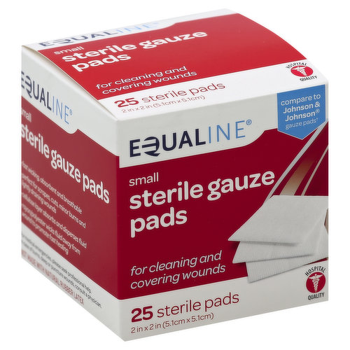 2 x 2 in (5.1 x 5.1 cm). Compare to Johnson & Johnson gauze pads (This product is not manufactured or distributed by Johnson & Johnson Consumer Corp.). For cleaning and covering wounds. Hospital quality. Equaline sterile gauze pads are perfect for cleansing and protecting large cuts, scrapes, and minor burns because they are extremely absorbent. The pads are designed to help absorb fluids from the wound and comfortably protect the affected area from dirt and germs to help wounds heal. Other Equaline First Aid Dressings: Gauze Pads: To cleanse and cover wounds. Non-Stick Pads: Protection that will not stick to healing wounds. Rolled Gauze: Supplemental dressing to secure and wrap pads on hard-to-bandage areas. Fast wicking, absorbent and breathable. Perfect for scrapes, cuts, minor burns and lightly draining wounds. Cellulose layer absorbs and disperses fluid. Rayon/polyester wicks fluid away from wound to promote fast healing. Supervalu quality guaranteed. We're committed to your satisfaction and guarantee the quality of this product. Contact us at 1-877-932-7948, or www.supervalu-ourownbrands.com. Please have package available. Made in China.