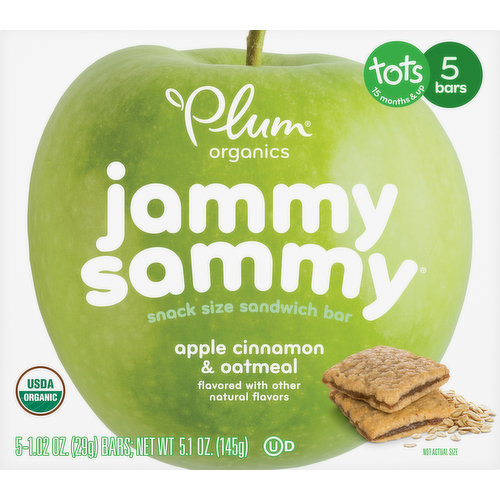 15 months & up. Apple cinnamon & oatmeal flavored with other natural flavors. 8 g whole grains. USDA Organic. Certified Organic by Oregon Tilth. No genetically modified ingredients.  A snackable, packable Sammy. Our Jammy Sammy is a snack size twist on a lunchbox favorite. Each yummy bar is made with oats, whole wheat, and ancient grains that help nourish and fuel kids with great-tasting energy. And, each one is individually wrapped, easy to pock and easy to eat-perfect for when you've gotta jam! Made with oats, whole wheat and ancient grains. Is your toddler ready for Jammy Sammy Bars? Is Your Toddler Ready for Jammy Sammy Bars if He or She: Starts to walk. Self- feeds with finger. Begin using utensils. Bites and chews a variety of textures. www.plumorganics.com. how2recycle.info. Plum donates millions of organic meals & snacks to little one in need. One in five children in America are food insecure. Plum believes every little one deserves to be nourished to her full potential. Certified B Corporation. Using business as a force for good.  100% recycled paperboard. Non-BPA packaging.