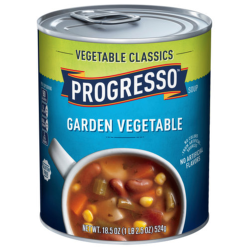 Progresso Vegetable Classics Garden Vegetable Soup is Gluten Free and Good Source of Fiber. Our recipe includes no artificial flavors and no colors from artificial sources.