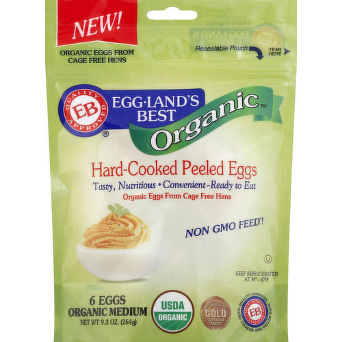 Tasty, nutritious - convenient-ready to eat. Organic eggs from cage free hens. Non GMO feed (Every hen selected to lay Egg land's Best Organic eggs is free to roam in a pleasant environment and is fed Egg land's Best Organic all-vegetarian diet with no GMO feed ingredients. The Egg land's Best feed and entire organic program are independently certified by a USDA – accredited agency.)! USDA Organic. Certified Organic by GCIAOCP Athens GA. Gold American Masters of Taste Superior Taste. Hard-cooked and peeled eggs. Quality approved. Tasty. Nutritious. Convenient. New! Produced from farm fresh. Perfect for egg salad, deviled eggs, creamed eggs, or as a snack. Now, America's best tasting eggs in a convenient pouch. 6 hard cooked Egg land's Best Organic eggs, peeled and ready for use in your favorite recipe, with all the taste and nutrition you expect from Egg land's Best eggs. High in vitamin D, E, and B12. 110 mg of omega 3 fatty acids. 25% less saturated fat than regular eggs (1 g vs. 1.5 g, quantities rounded). Recommended American Diabetes Association/American Dietetic Association dietary exchange: 1 Egg land's Best egg for 1 medium- fat meat. You may notice some spots on the eggs. This occurs naturally as brown eggs have pigments both outside and inside the egg. Produced in accordance with Egg land's Best, all vegetarian hen feeding program. Kosher question?: www.oukosher.org. Any questions or comments, call us 1-800-922-3447 or visit www.egglandbest.com.