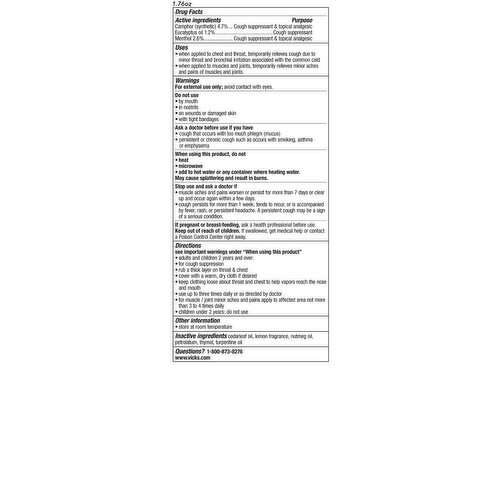 Vicks VapoRub, Original, Cough Suppressant, Topical Chest Rub & Analgesic  Ointment, Medicated Vicks Vapors, Relief from Cough Due to Cold, Aches 