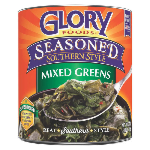 Slow simmered with onions garlic & spices in a savory broth. Glory vegetables are picked at the prime of ripeness, lovingly seasoned. Real. Southern. Style and slowly simmered until they're cooked just right. Mmm - when you open a can of Glory, you've opened a can of goodness. Glory wrote the book on good ol' Southern style cookin. And it's not at the library. We've done the work. You take the Glory!