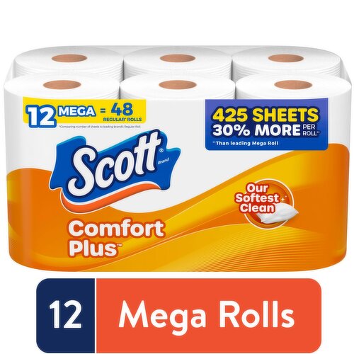 Scott Comfort Plus Bathroom Tissue, Unscented, Mega Rolls, One-Ply