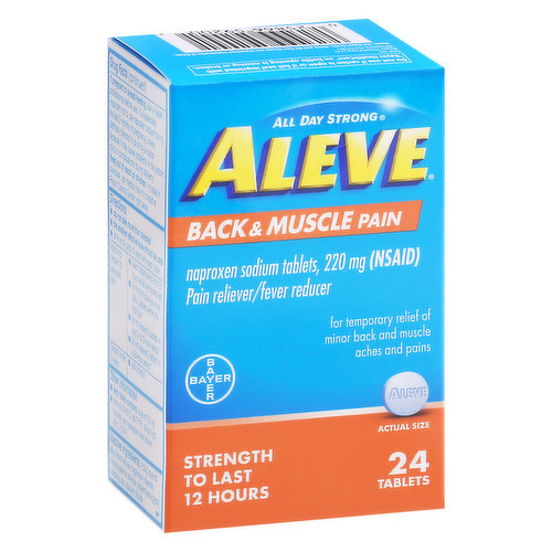 In Each Tablet: Other Information: Each tablet contains: Sodium 20 mg. Store at 20-25 degrees C (68-77 degrees F). Avoid high humidity and excessive heat above 40 degrees (104 degrees F). Naproxen sodium tablets, 220 mg (NSAID Pain reliever/fever reducer.) Strength to last 12 hours. For temporary relief of minor back and muscle aches and pains. Questions or comments? 1-800-395-0689 (Mon - Fri 9 Am - 5 Pm EST).
