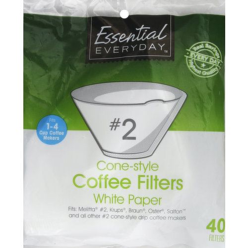 Real savings, highest quality, every day. Fits 1-4 cup coffee makers. Fits: Melitta No. 2, Krups, Braun, Oster, Salton and all other No. 2 cone-style drip coffee makers. Great products at a price you'll love - that's Essential Everyday. Our goal is to provide the products your family wants, at a substantial savings versus comparable brands. We're so confident that you'll love Essential Everyday, we stand behind our products with a 100% satisfaction guarantee. If you're not completely satisfied with this product, please contact us at www.essentialeveryday.com. Essential Everyday coffee filters virtually eliminate unwanted sediments and coffee oils. Product of USA.