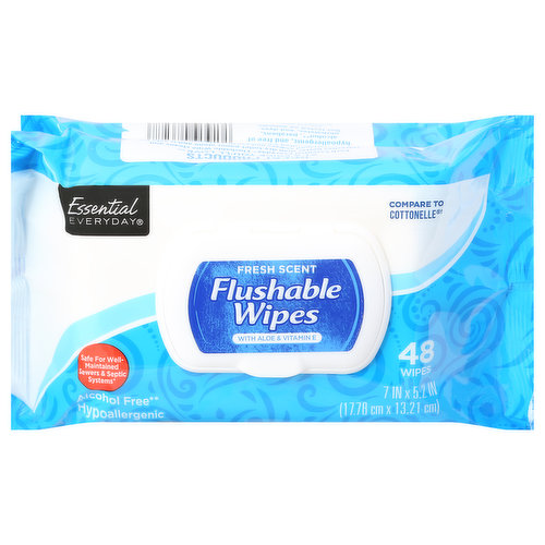 7 inches x 5.2 inches (17.78 cm x 13.21 cm). Fresh Scent flushable wipes with aloe & vitamin E. Safe for well-maintained sewers & septic systems (Not recommended for use with basement pump systems). Alcohol free (Does not contain ethanol, isopropanol, or rubbing alcohol). Hypoallergenic. Compare to Cottonelle (This product is not manufactured or distributed by Kimberly-Clark Worldwide, Inc., owner of the registered trademark Cottonelle). Great products at a price you'll love - Each Essential Everyday Flushable Wipe cleans and refreshes better than dry toilet paper alone and is safe for well-maintained sewers and septic systems (Not recommended for use with basement pump systems). Each wipe is made with purified water, is hypoallergenic, and free of alcohol (Does not contain ethanol, isopropanol, or rubbing alcohol), parabens, phthalates, and dyes. Not labeled for individual sale. 100% quality guaranteed. Like it or let us make it right. That's our quality promise. essentialeveryday.com. Not tested on animals. Made in the USA with domestic and imported materials.