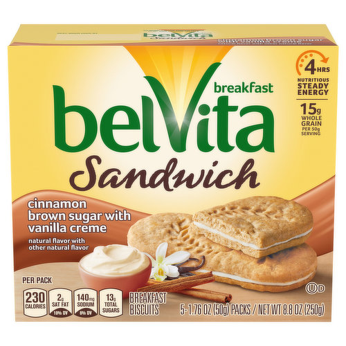 Natural flavor with other natural flavor. 15 g whole grain per 50 g serving. Per Pack: 230 calories; 2 g sat fat (10% DV); 120 mg sodium (5% DV); 13 g total sugars. Whole Grain: 15 g per serving. Eat 48 g or more of whole grains daily. WholeGrainCouncil.org. 15 g whole grain per 50 g serving. Nutrition experts recommend eating 48 g or more of whole grains throughout the day. Enjoy belVita Breakfast Biscuits as part of a balanced breakfast with a serving of low fat dairy and fruit. A good source of fiber contains 9 g of total fat per serving. Contains a bioengineered food ingredients.  4 hrs nutritious steady energy. 4 hrs nutritious steady energy. belVita Breakfast Biscuits are a nutritious convenient breakfast choice that are baked with selected wholesome grains and deliver nutritious steady energy all morning long. A delicious start to your morning. belvitabreakfast.com. SmartLabel. Visit us at: www.belVitaBreakfast.com or call weekdays: 1-800-622-4726. Please have package available. Check out the rest of the belVita Family! To learn more, visit belVitabreakfast.com. belVita Soft Baked Banana Bread Breakfast Biscuits. belVita Blueberry Breakfast Sandwich. Please recycle this carton.