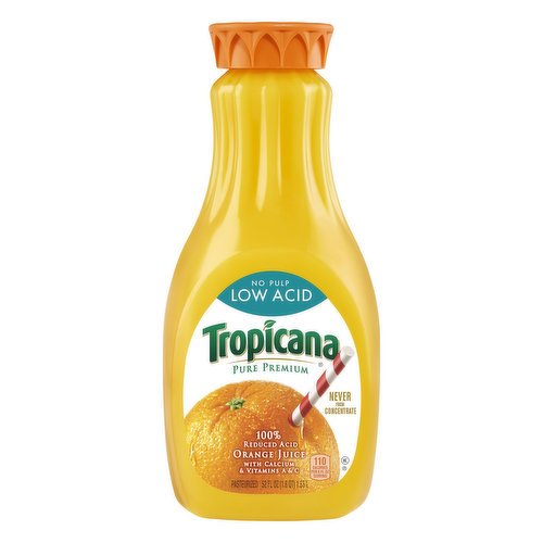 Pure premium. 110 calories per 8 fl oz serving. Reduced acid. With calcium & vitamins A & C. Pasteurized. Never from concentrate. Contains orange juice from US and Brazil. Settling is natural. Tropicana.com. Question or comments? Call 1-800-237-7799. Visit Tropicana.com for more nutrition information. Please recycle.