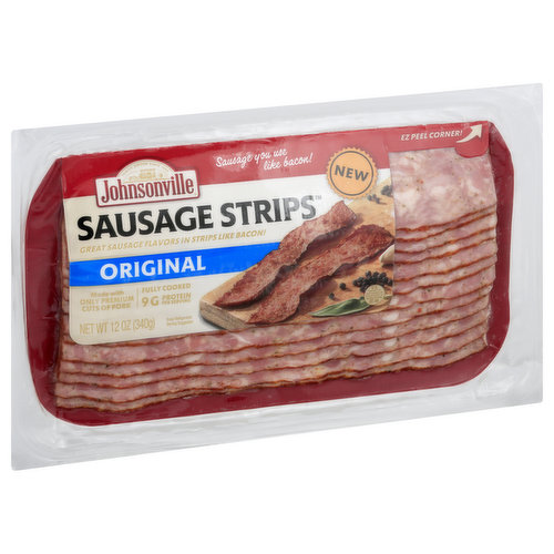 9 g protein per serving. Gluten free. Family owned since 1945. Sausage you use like bacon! New. Great sausage flavors in strips like a bacon! Made with only premium cuts of pork. Fully cooked. Johnsonville Sausage Strips let you enjoy satisfying sausage flavor in a strip you can cook and use like bacon. They're meaty and flavorful making them great for sandwiches, appetizers, or just by themselves! sausagestrips.com. Find recipes and other cooking tips at sausagestrips.com. Questions or Comments? Keep package for reference. Call: 1-888-556-2728. Product of USA.
