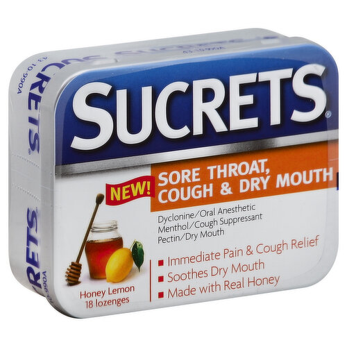 Sucrets Sore Throat, Cough & Dry Mouth, Lozenges, Honey Lemon